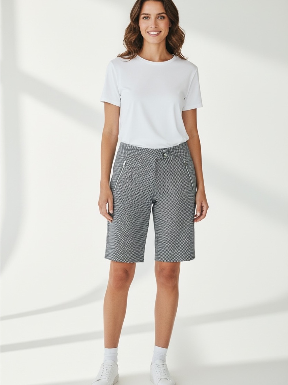 Annika Cutter & Buck Black and White Micro-Pattern Bermuda Shorts